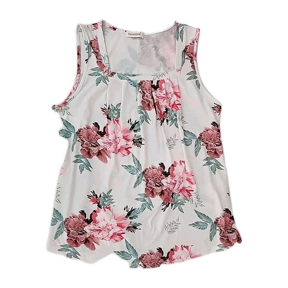 Fantaslook Women's Large Sleeveless Summer Fun Top Stretch White w/Floral EUC
